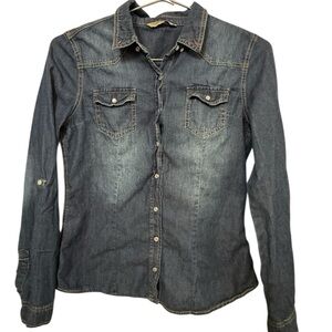 Denim Snap Button-Up Western Women’s M Cowgirl Highway Jeans Shirt
